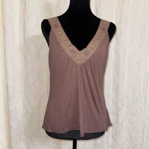 Anthropologie Moth Tank Top Mauve Beaded V-Neck Embroidered Sleeveless Boho M